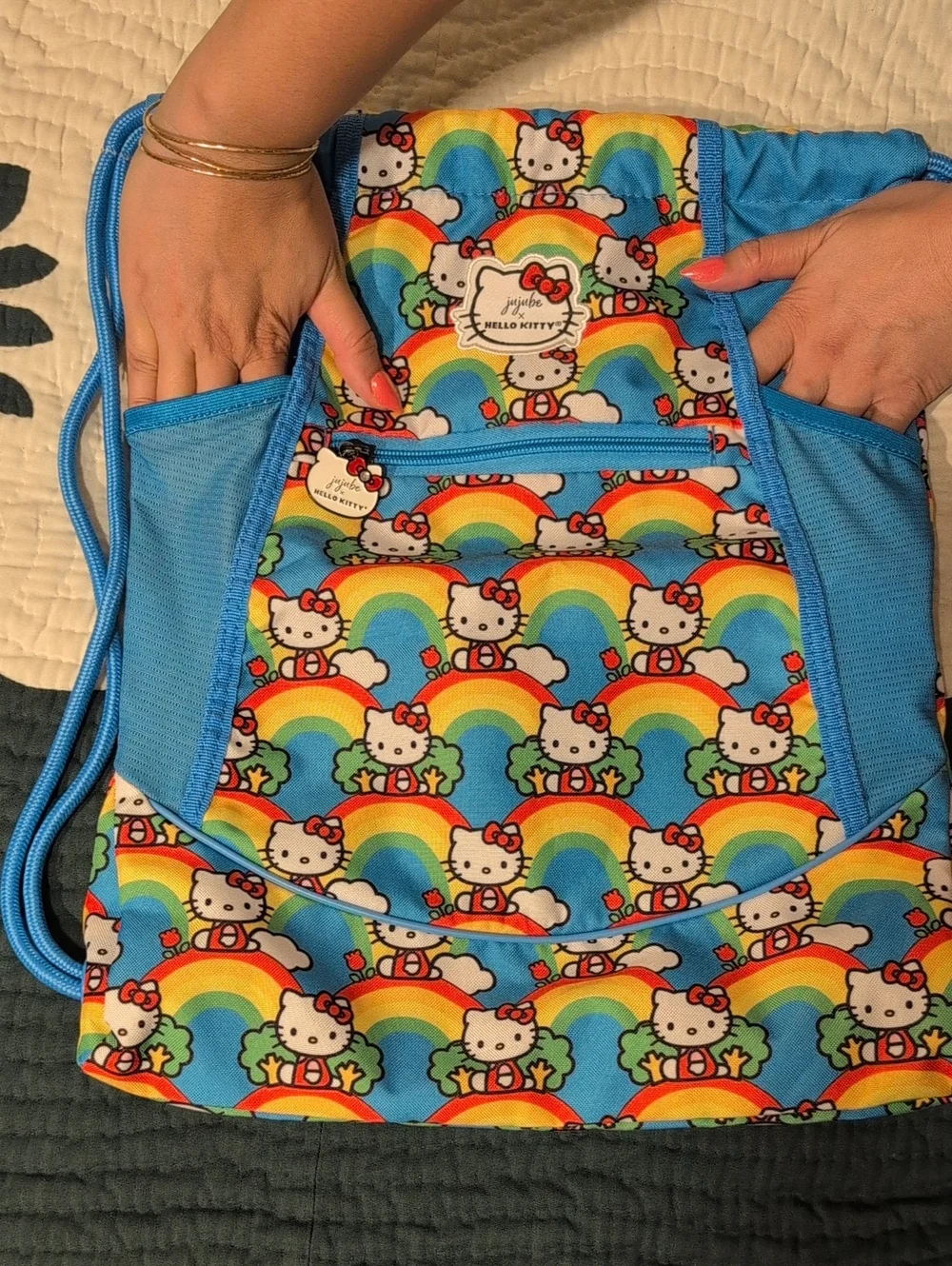 New Jujube X Hello Kitty Rainbow Drawstring Bag - Blue with Multicolor Print